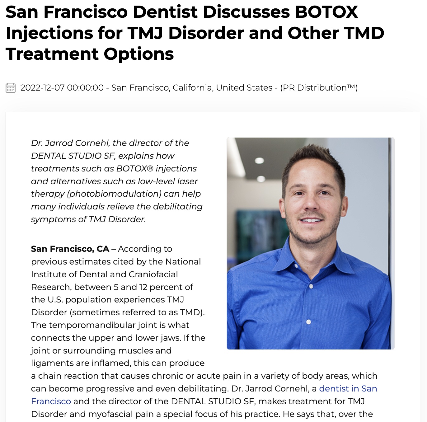 San Francisco Dentist Talks BOTOX Injections for TMJ Disorder